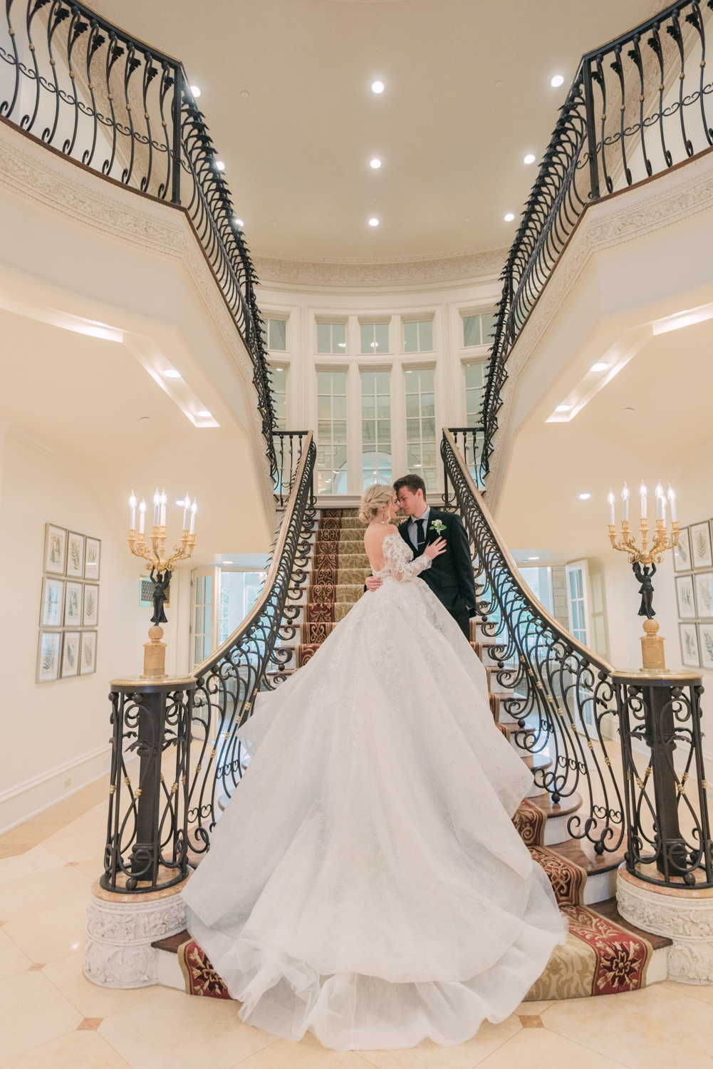 Bride-and-groom-inside-the-stairs-in-The-Olana-in-Dallas-Texas